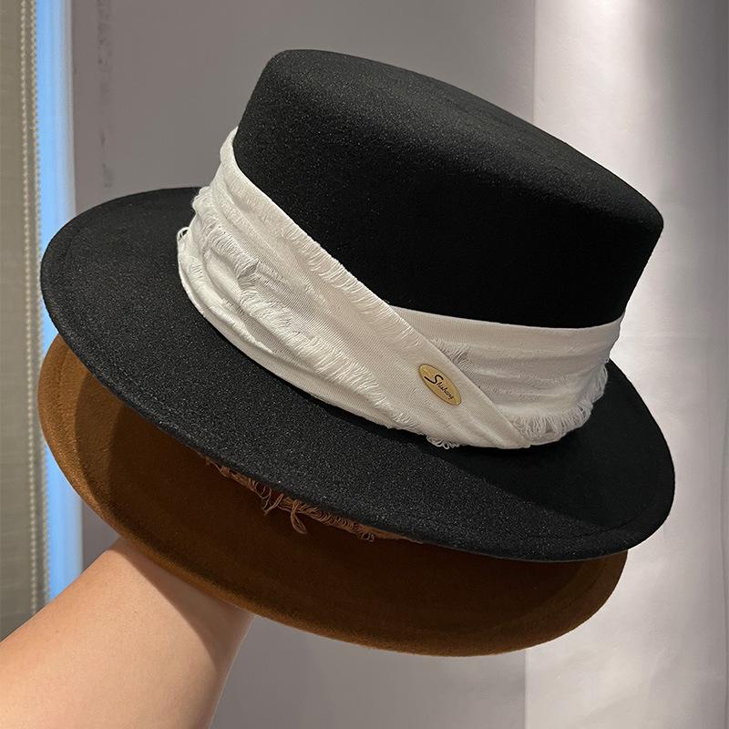 Spring and Autumn Versatile Women's Retro Wool Flat Top Hat British Style Literary French Elegant Temperament Top Hat