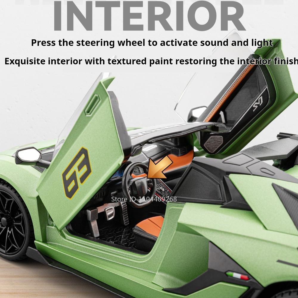 Scale 1:18 SVJ63 V12 Sport Car Model Toy Metal Diecast Music Light Shock Absorption Models Wheel Steering Supercar Gifts for Boy