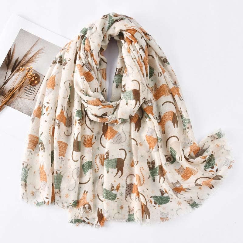 Women Printed Scarf Long Shawl Animal Luxury Designers Scarf Cute Cat Patterns Hijab Soft Viscose Hijab Women Floral Tippet