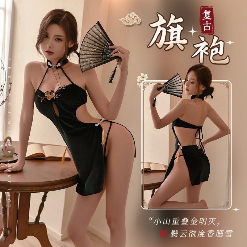 Sex underwear pure desire sexy black sleeveless cheongsam sex pajamas hollow slim slim bag sexy pajamas women