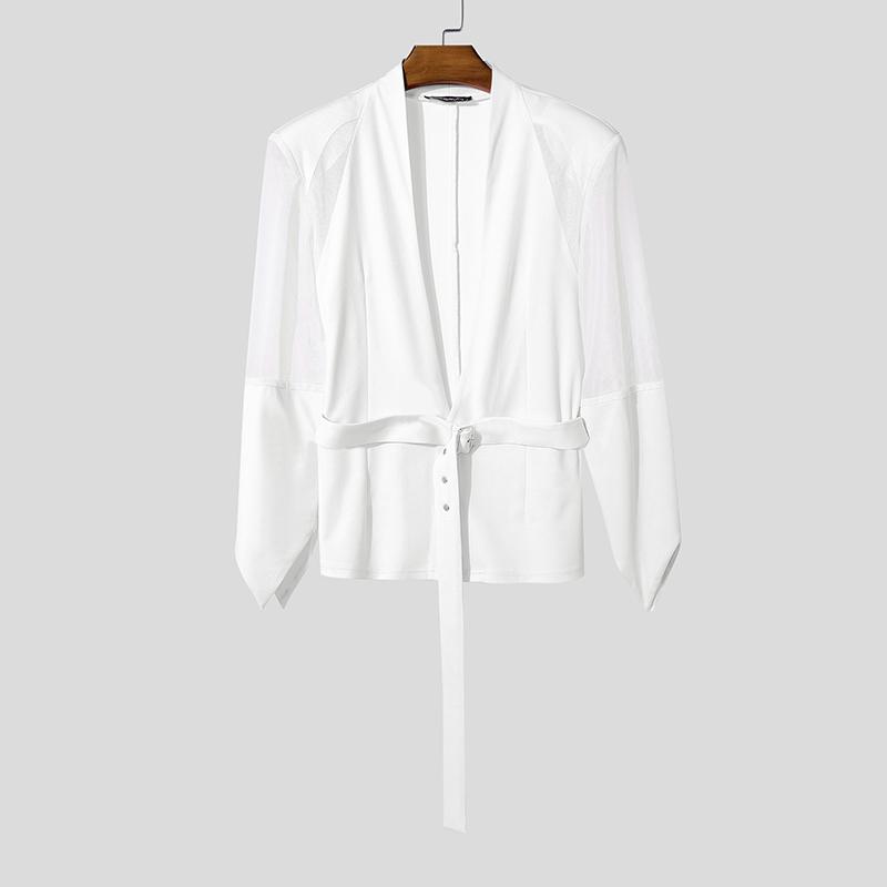 INCERUN Men Long Sleeve Patchwork See Through Mesh Bandage Waist Party Tops Shirts