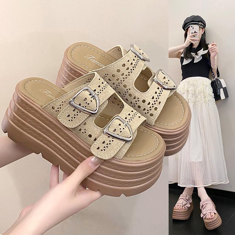 Fashion 8CM Trendy Streetlish Buckles Slippers for Women Nubuck Leather 2025 Summer Platform Shoes Ladies Comfort Fashion Slipper Woman
