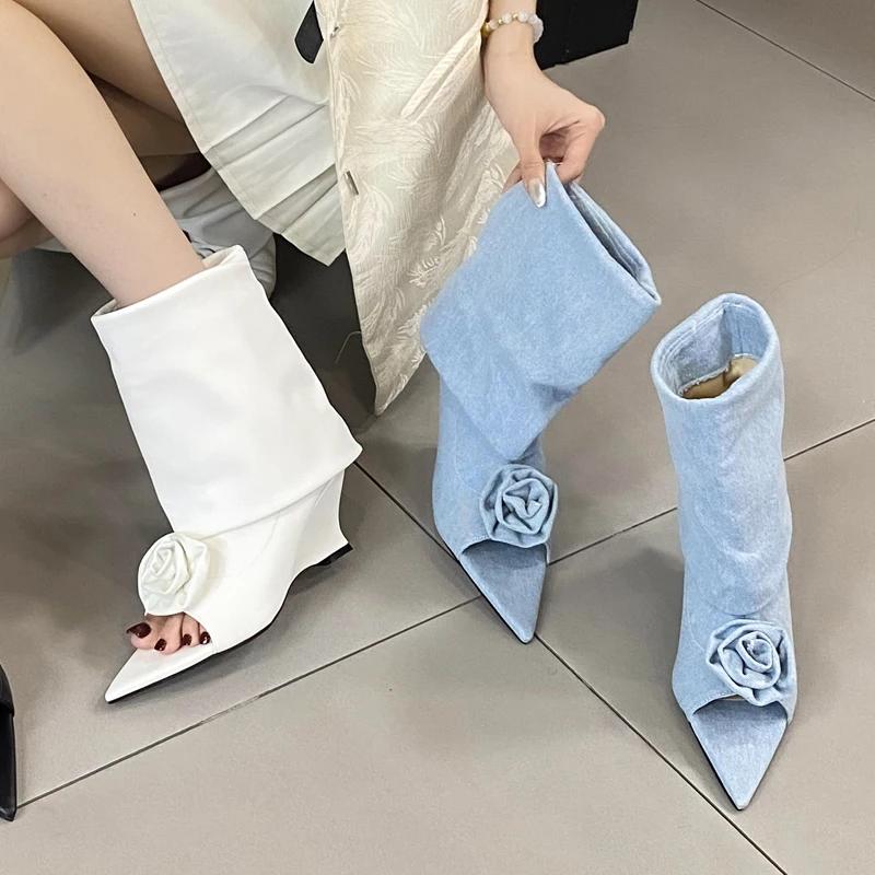 Street Style Design Flowers Peep Pointed Toe Women Ankle Boots Sandals Fashion Wedges High Heels Ladies Shoes