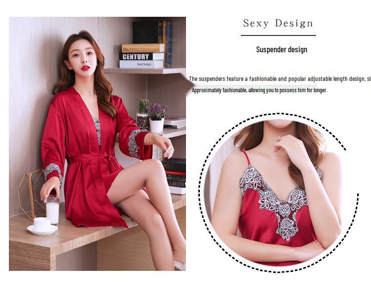 2024 Spring/Summer Women's Silk Pajama Set: Sexy Camisole & Thin Ice Silk Nightgown with Korean Style Robe