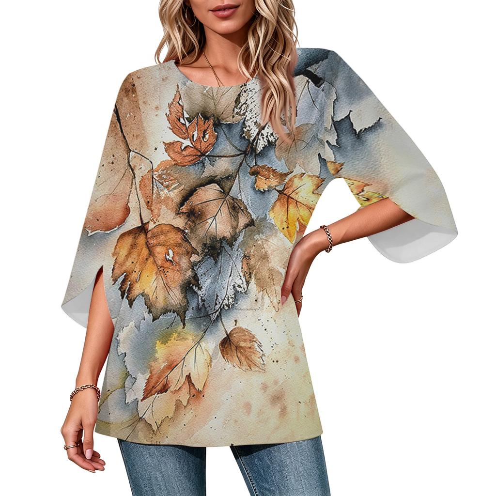 Women's Color Neck Three-Quarter Sleeve Casual Top