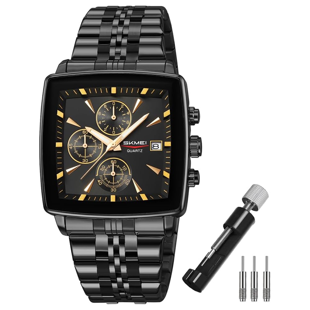 SKMEI Men s Square Stylish Analog Watch Black Stainless Steel Waterproof Business Casual Chronograph Big Face