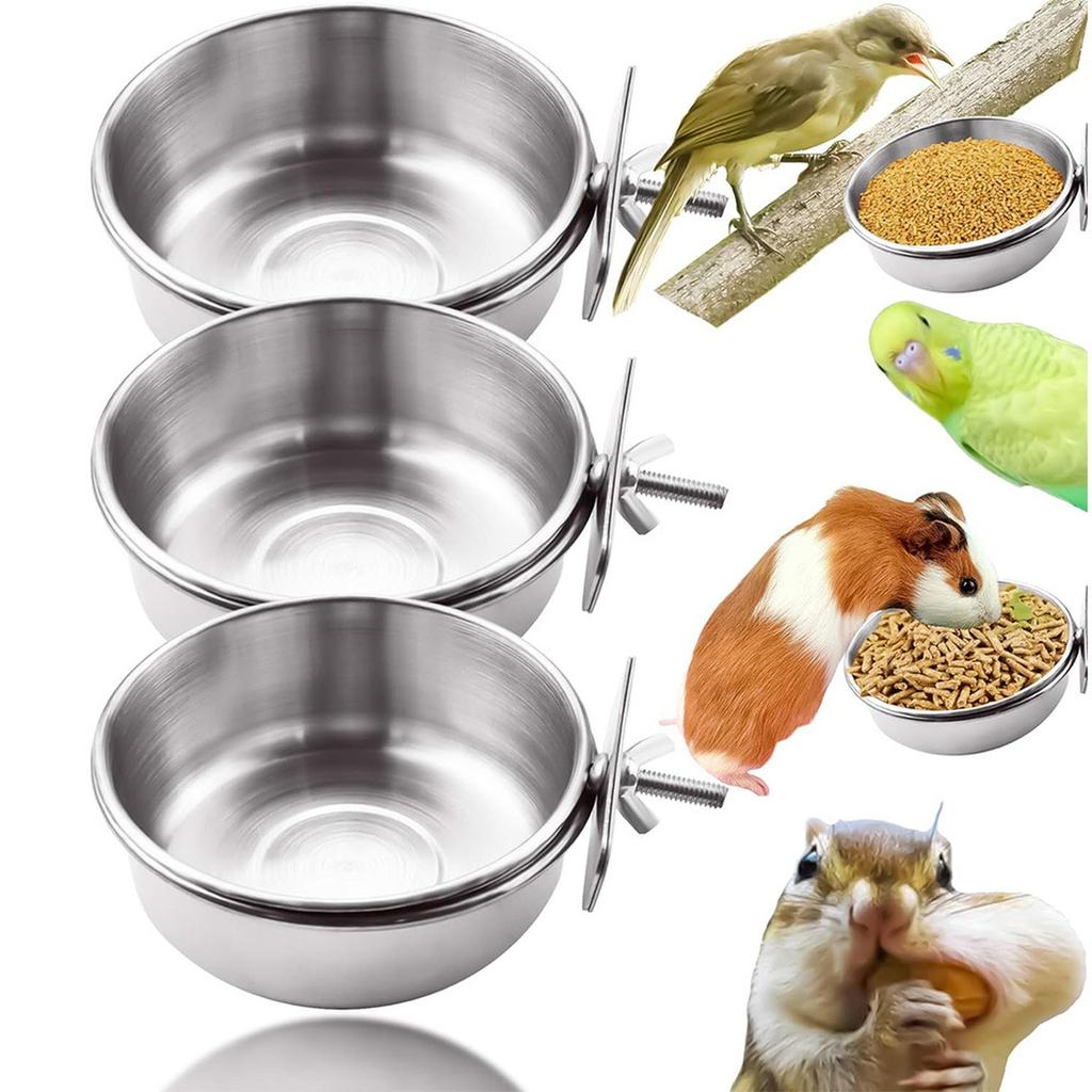 6 Pieces Stainless Steel Bird Feeding Dish Cups Parrot Feeder Parakeet Food Water Bowls With Clamp Holder & Bird Spoon
