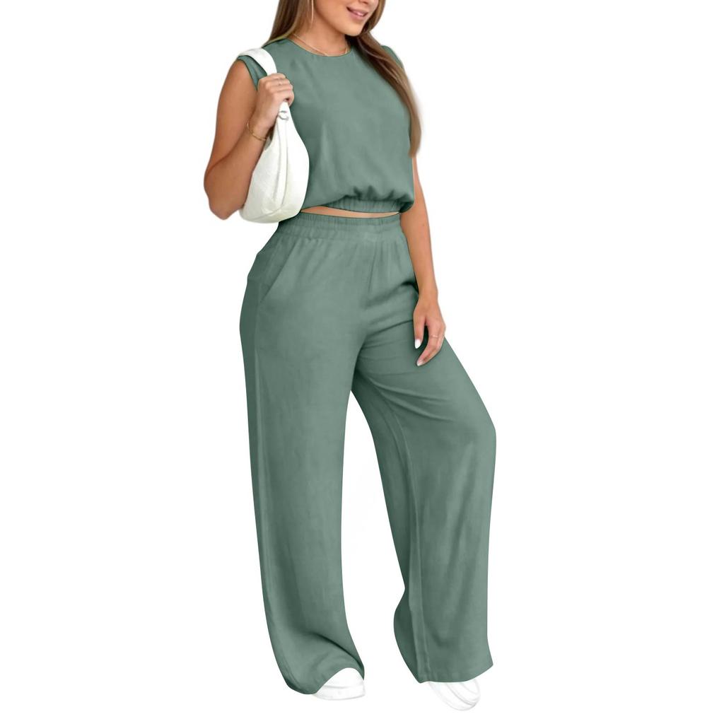 Women's 2-Piece Fashionable Casual Loose Fit Sleeveless T Shirt Top And Pants Set