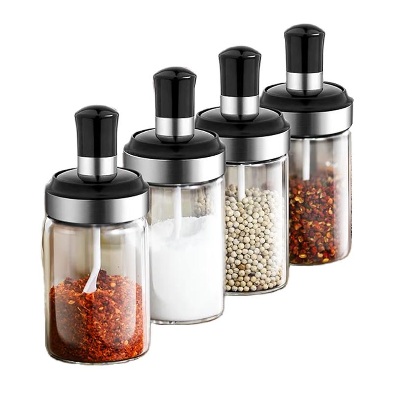 Glass Seasoning Jars with Integrated Spoon & Lid - 4 Pack