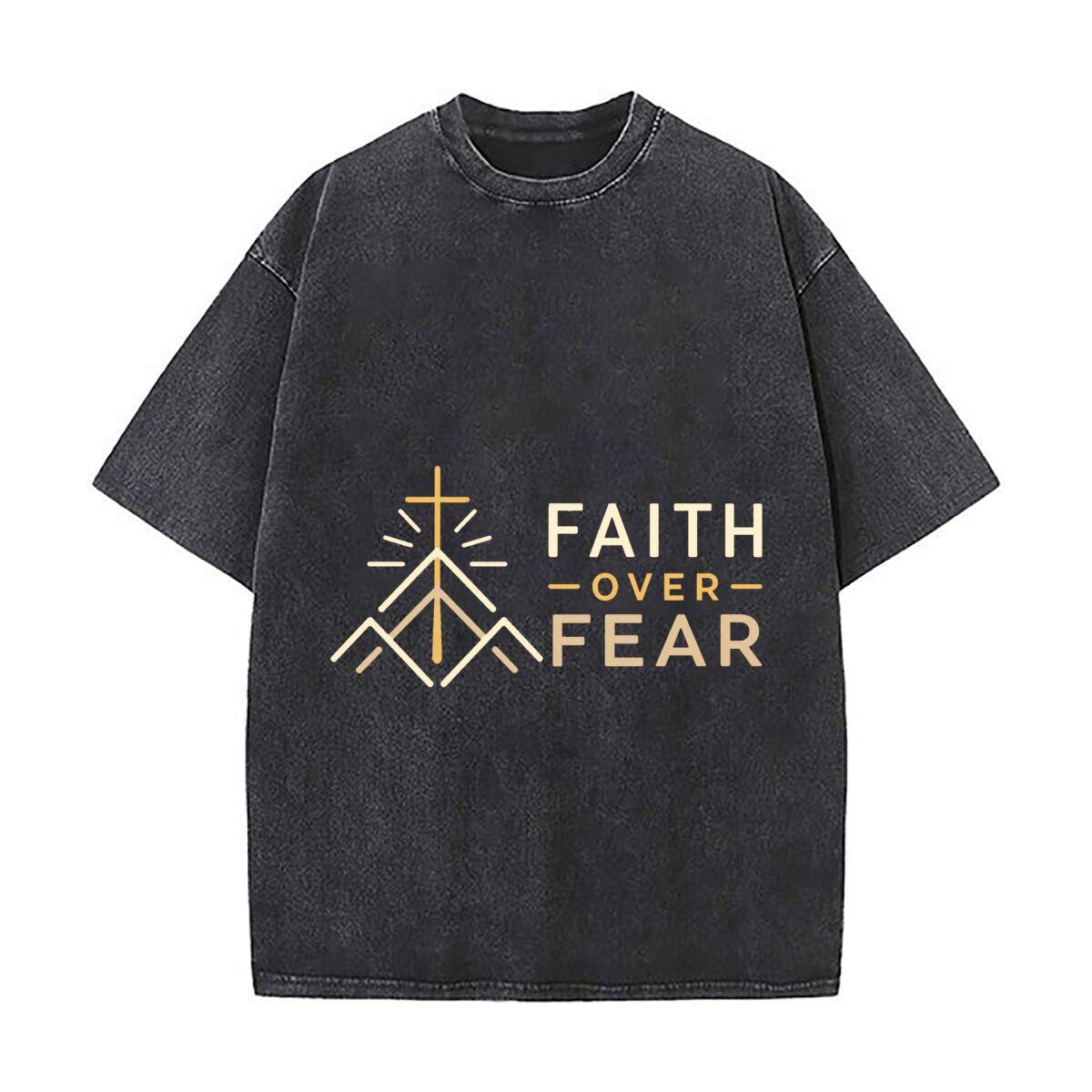 Faith Over Fear Symbol Typography Daily Commute Vintage Distressed T Shirt Loose Washed Sleeve S
