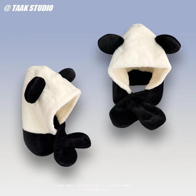 Cute Panda Lei Feng Hat Women's Season Warm Versatile Student Plush Ear Protection Hat Scarf Integrated Three-piece Set