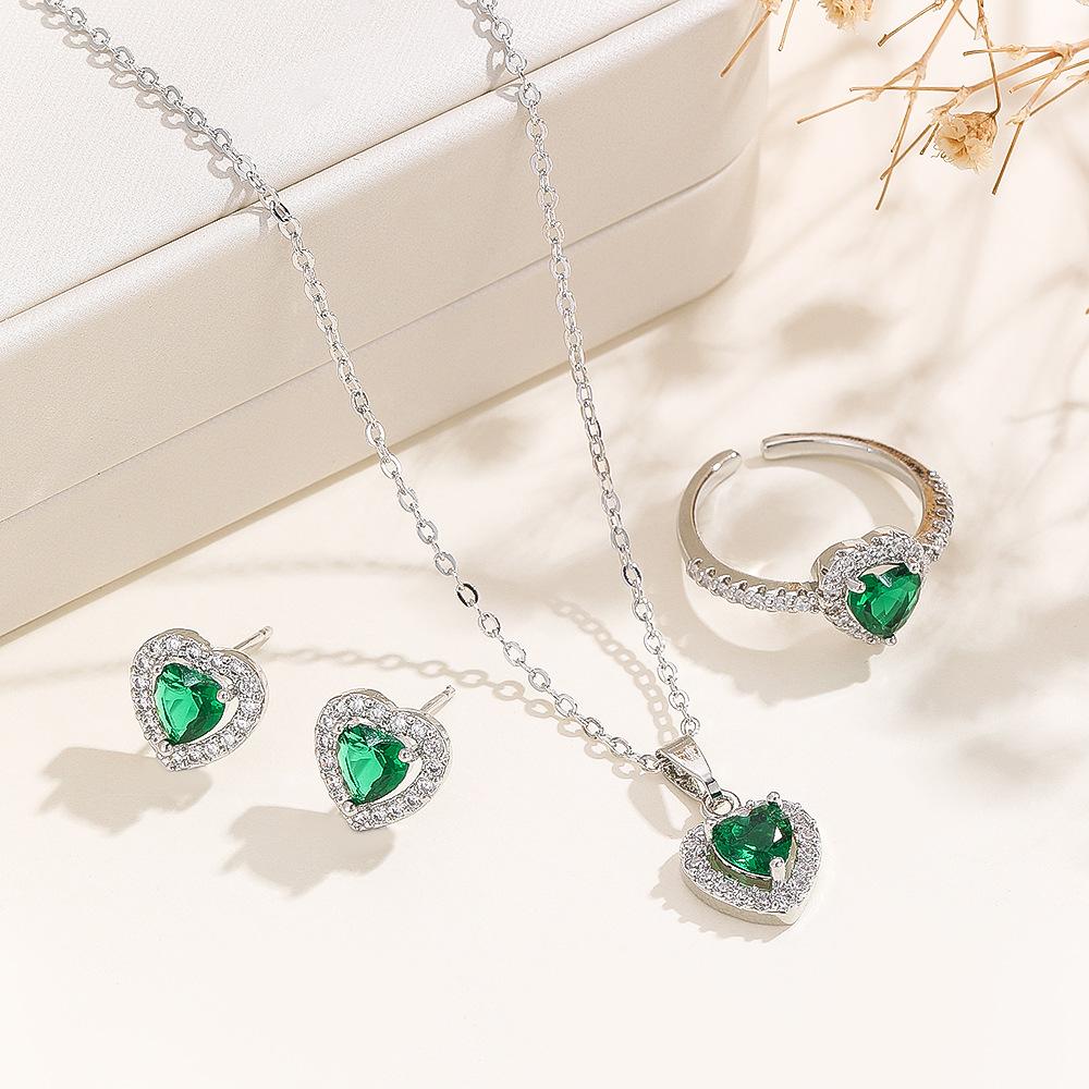 Fashion Wedding Jewelry Set For Women Crystal Heart Pendant Necklace Ring Stud Earring Bride Engagement Jewelry Gift