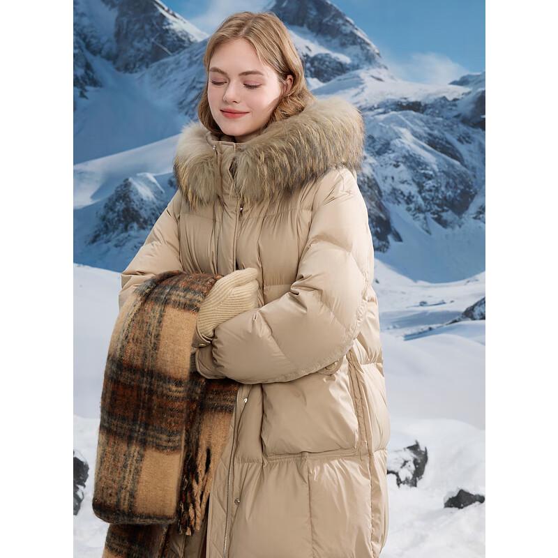 Sancai Women s 2024 Winter Long White Goose Down Jacket with Raccoon Fur Hood M (160/84A)