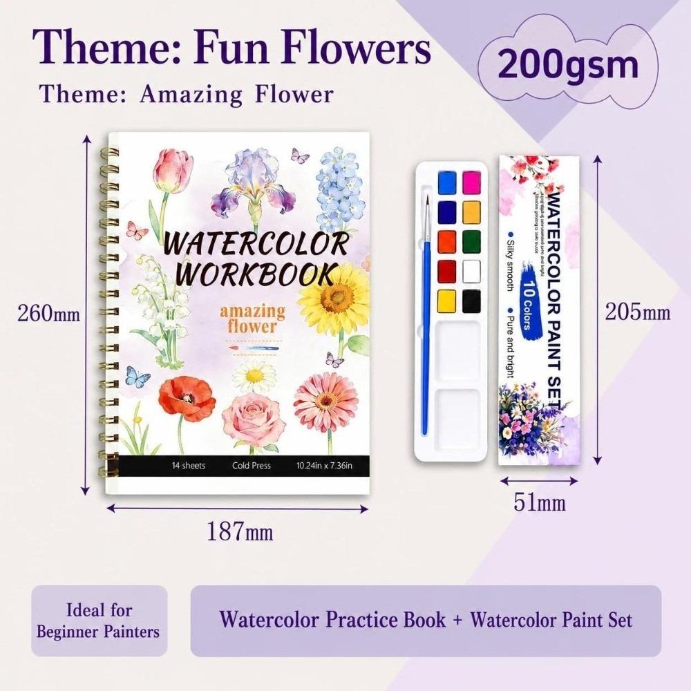 Spiral-Bound Watercolor Workbook Flower Scenery Animal Coloring Sketchbook Painting