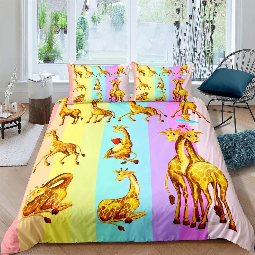 Wild Animal Giraffe Duvet Cover, Giraffe Family Bedding Set for Kids Boys Adults,Colorful Geometric Stripe Decor Comforter Cover