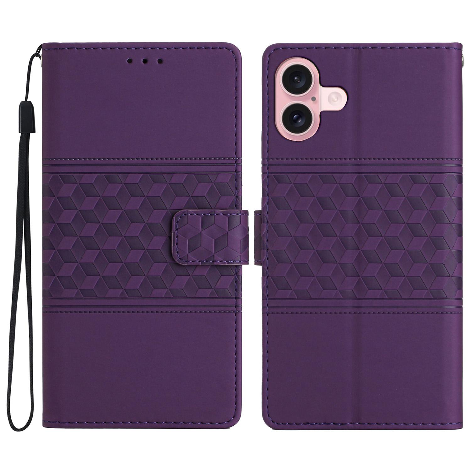 

For iPhone 17 Case Rhombus Leather Horizontal Flip Phone Cover with Wrist Strap Purple