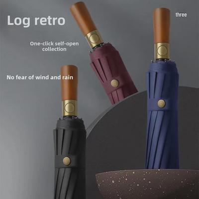 12-Rib Automatic Men's High-End Folding Umbrella with Wooden Handle - Black, UV Protection, Custom Logo Option