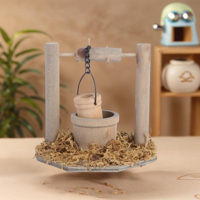 Handmade Wood Garden Accessory Small Water Wells Ornament with Bucket For Miniature Scene Landscape Decoration
