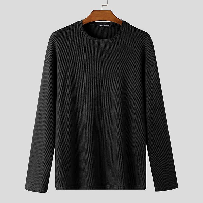 INCERUN Men Round Neck Long Sleeve Texture Casual Tops T-shirts