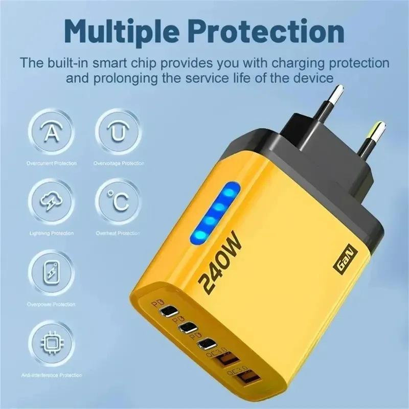 GaN Fast Charger 240W 5 Ports PD Quick Charge 3.0 2USB 3Type C For iPhone 15 16 17 Samsung Xiaomi Huawei Tablet EU US UK Plug