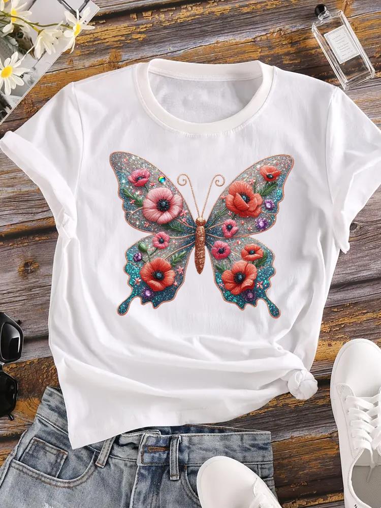 (Asian Size)  Tee Women Clothing Flower Lovely Trend Cute Casual Top Short Sleeve T Shirt Fashion Print Lady Female Graphic T-shirts