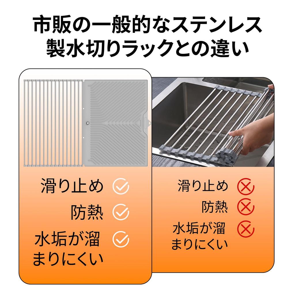 Foldable silicone draining divided draining for dish rack x mat, rack, over-sink use, space-saving, heat-resistant, non-slip, rust-resistant, (61 45.5