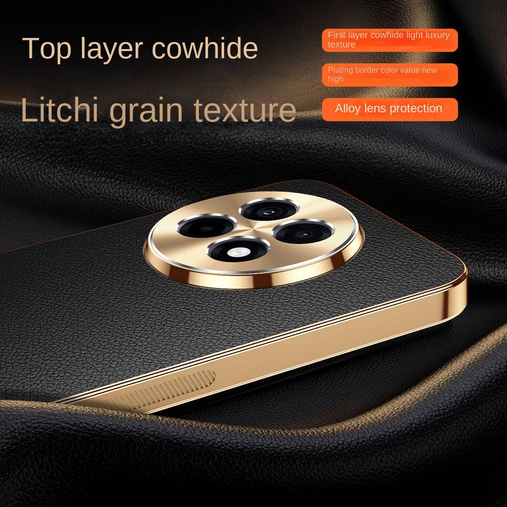 First Layer of Cowhide Lychee Texture Electroplated Frame Case For OnePlus 13R 13 12R One Plus Ace 5 Pro 3 2 Lens Protect Cover