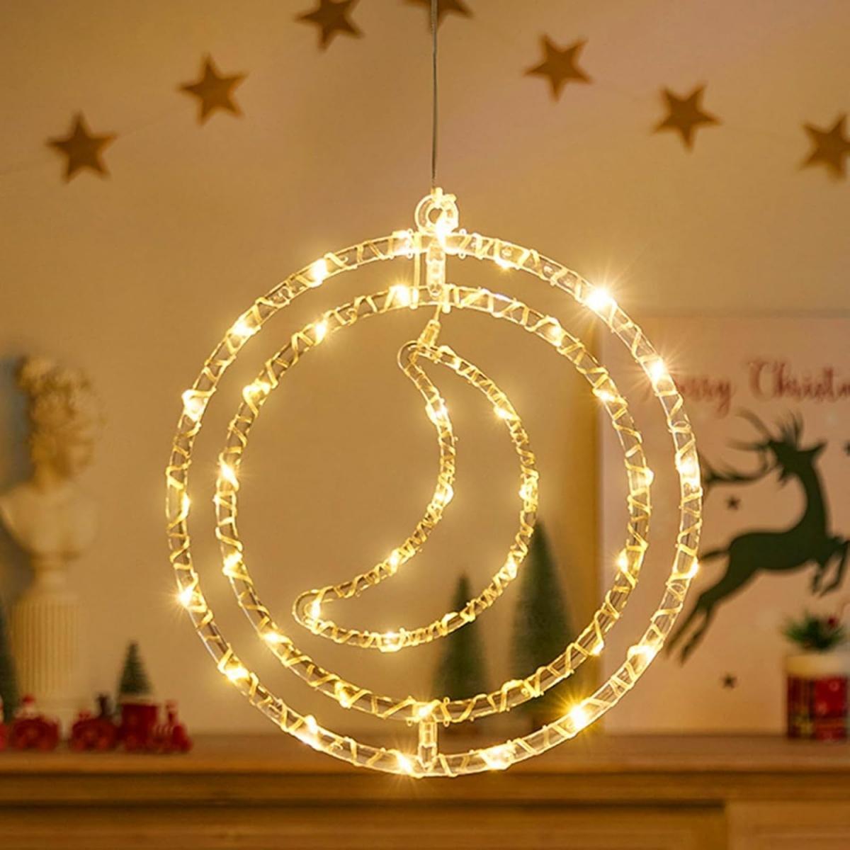 

1PC Star & Moon Double Ring Curtain LED String Lights With 8 Modes Warm White Fairy Lamp For Home Window Garden Christmas Decor