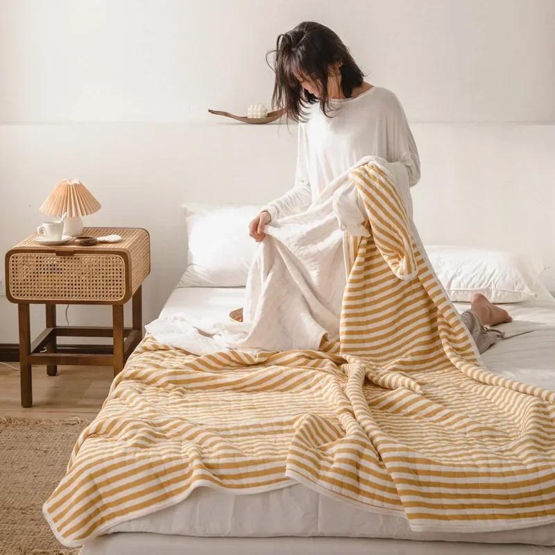 Stripes 100% Cotton Summer Blanket For Bed Soft Skin Friendly Queen Quilt For Summer Air Conditioner Thin Comforter Breathable