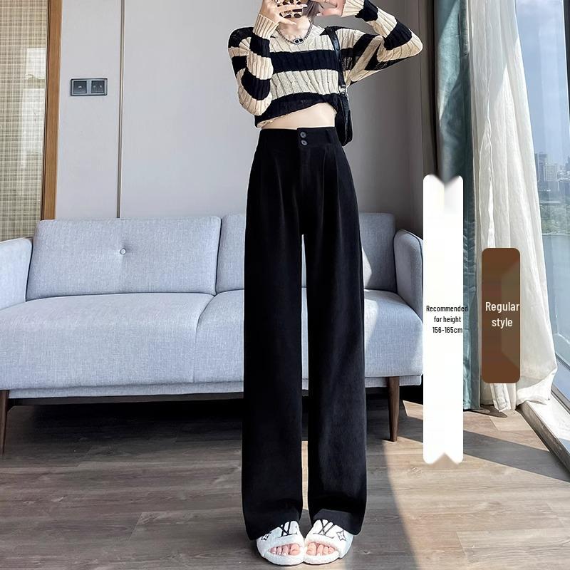 145cm Fleece-Lined High-Waisted Wide-Leg Chenille Pants - Women's XS, Petite, Black, Casual Autumn/Winter