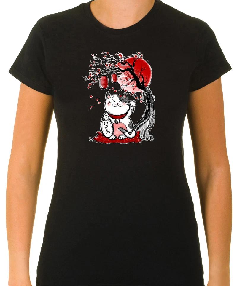 Maneki Neko Japanese Lucky Cat Chinese 3/4 Short Sleeve T Shirt Woman G076 XXXL