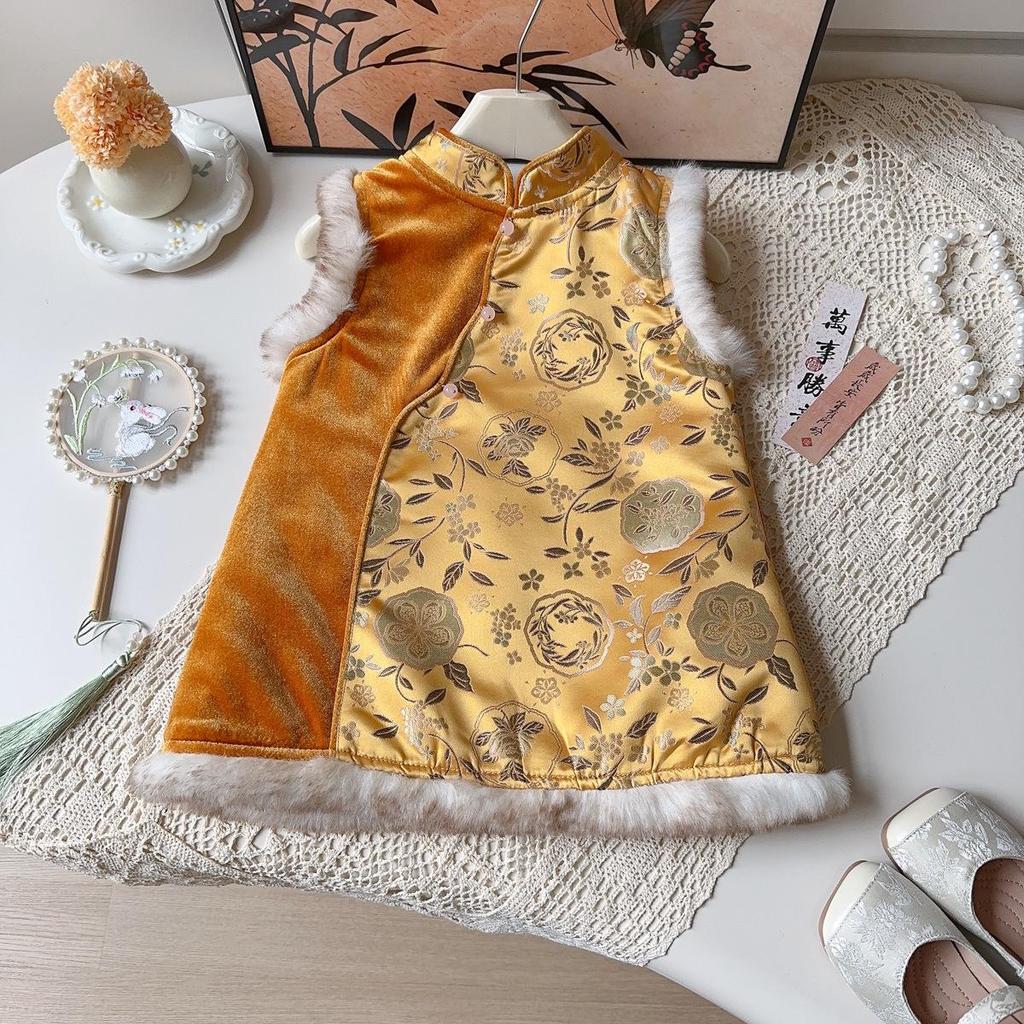 Girls' Chinese Style Sleeveless Qipao Winter Dress AWB023
