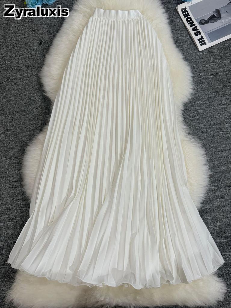 Wavy Edge Pleated Skirt High Waist Slimming Office Wear Versatile Long Dress for Women