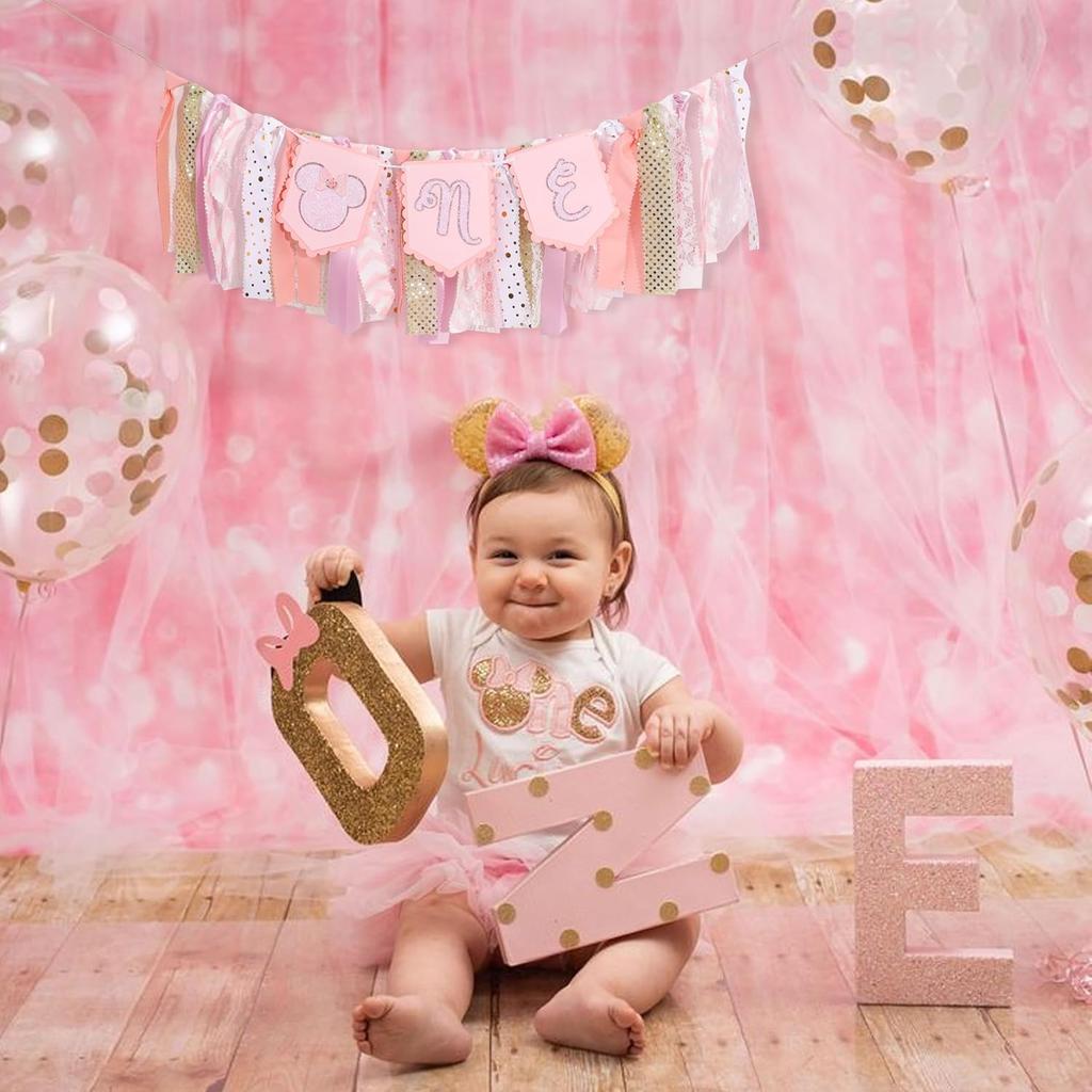 Minnie One High Chair Banner - Minnie 1st Birthday Party Decorations,Pink Minnie First Highchair Banner,Girl First Birthday Highchair,1st Photo Prop