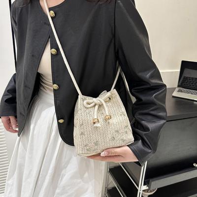 Bolsos de Hombro con Cordón Casual Verano Playa Tejido Paja Bolso Pequeño Bolsos Cruzados de Gran Capacidad