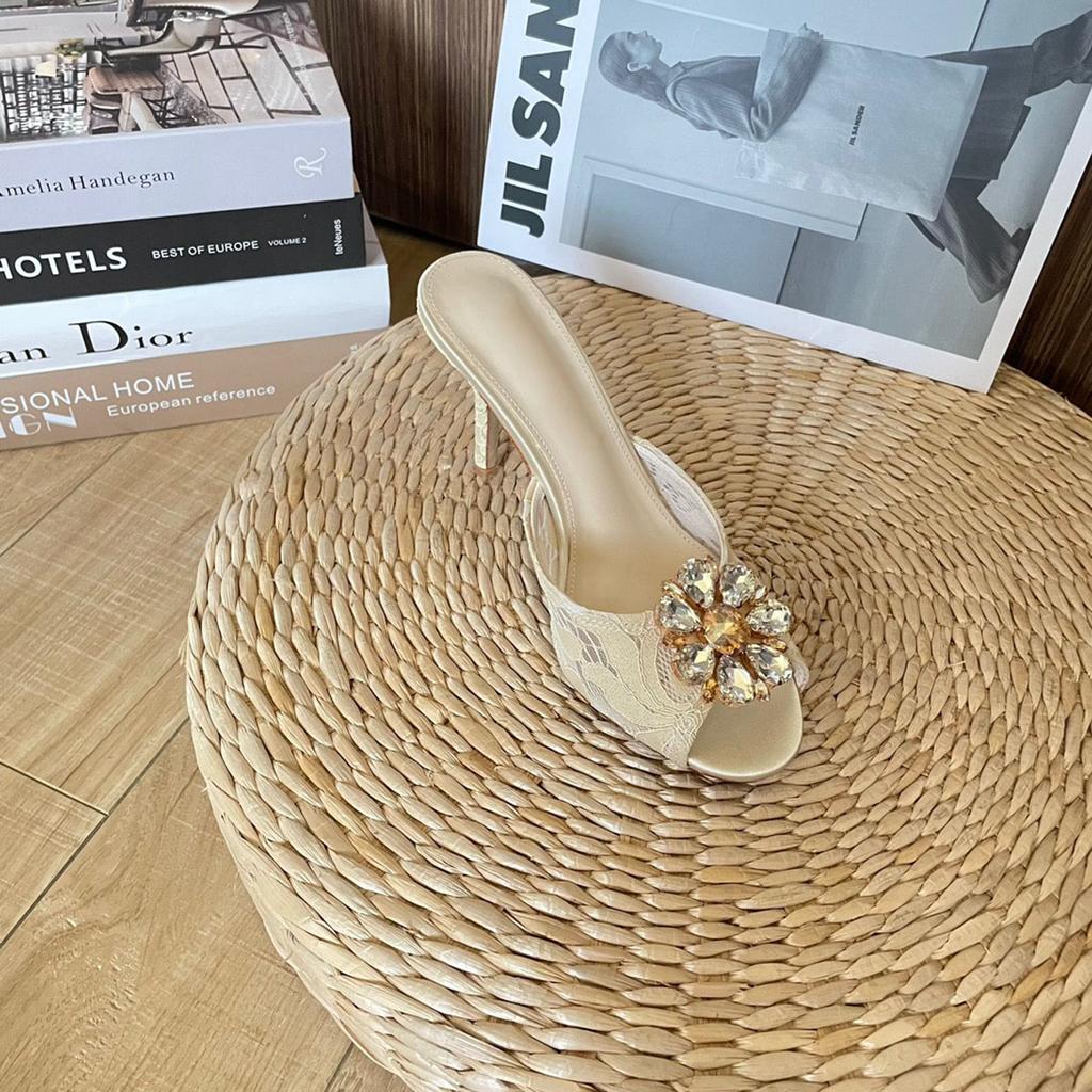 Fashion Women'S Summer Rhinestone Lace Round-Toe High Heels, Mesh Fabric Breathable Rhinestone Thin Heel Sandals