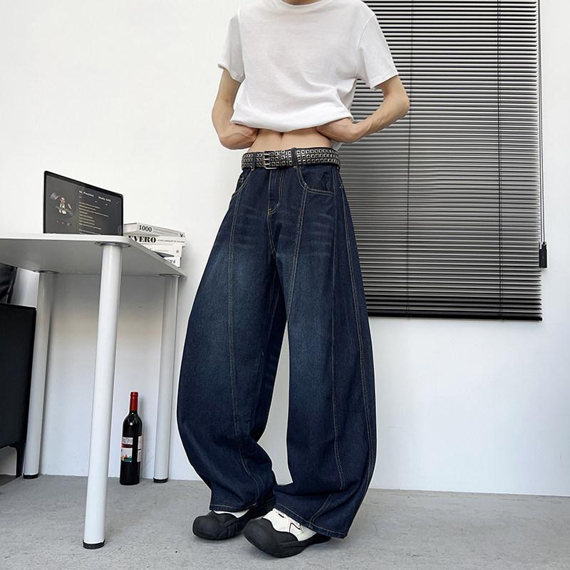American retro scimitar jeans men's and women's trendy high street letter embroidery design sense loose wide-leg straight trousers