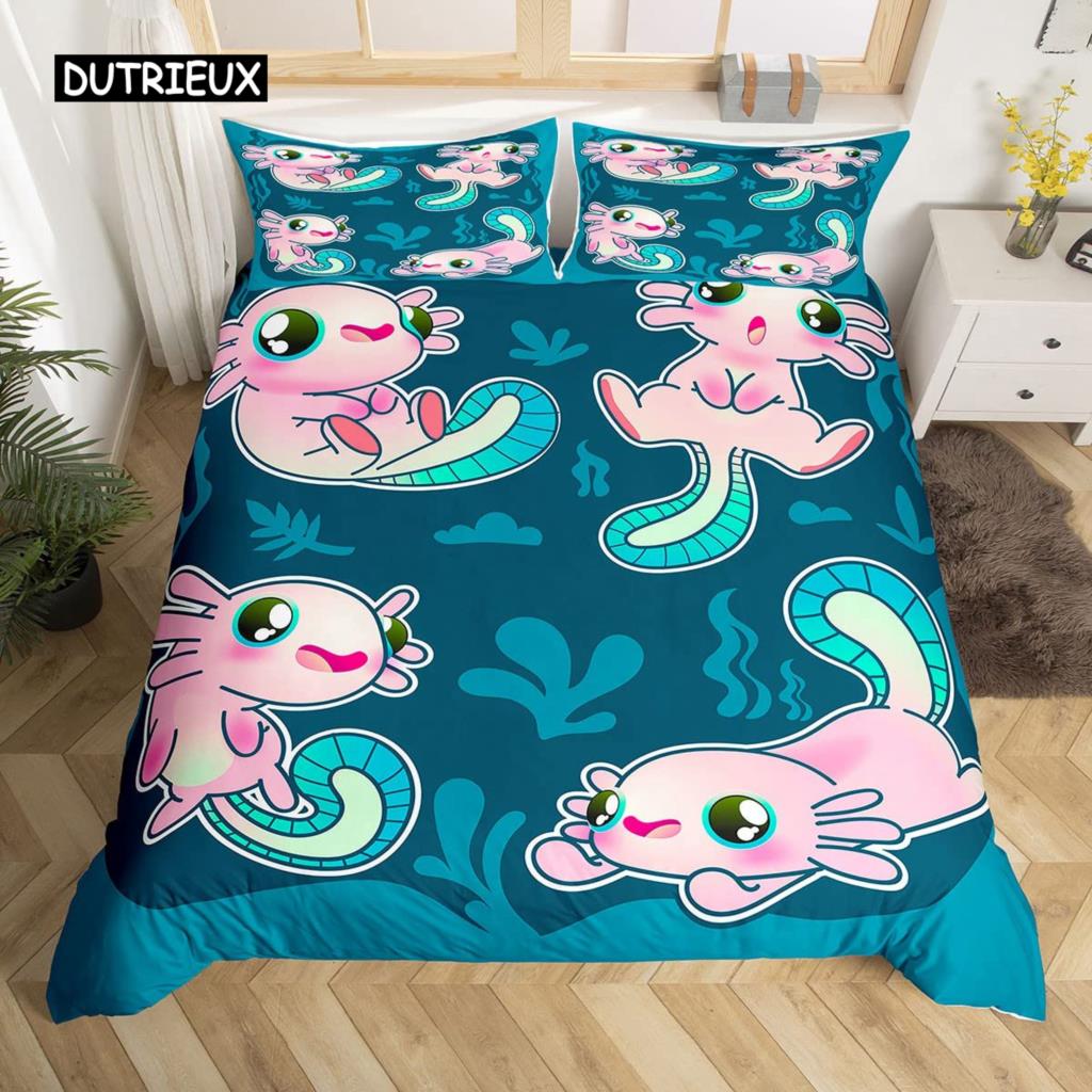 Axolotl Duvet Cover Set Pink Newt Wildlife Comforter Cover with Pillowcases Cartoon Octopus Animal Kawaii Style Twin Quilt Cover