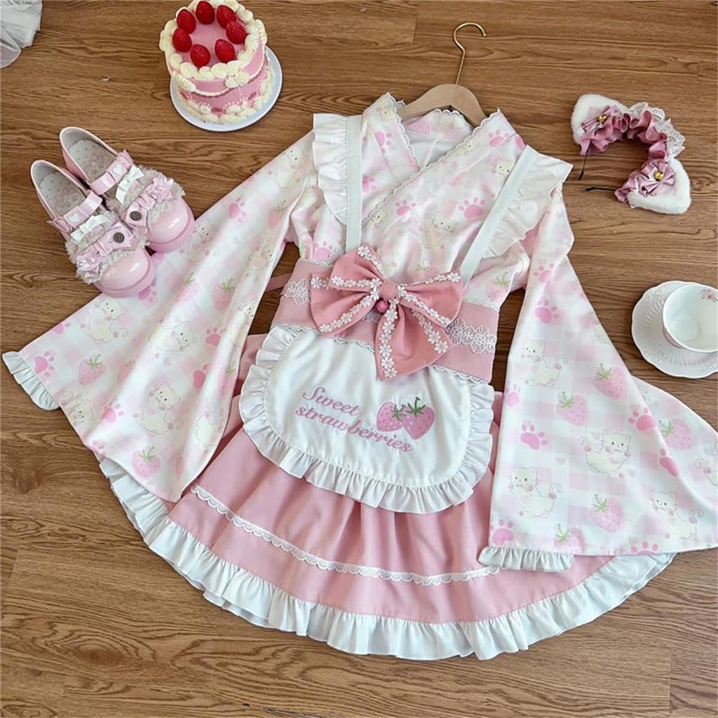[CAWILXHA] Abiti Lolita, Abito Unico, Costume Cosplay, Stile Giapponese, Azzurro, Rosa, Maniche a Principessa, Maniche Lunghe, Mori Girl, Sogno Carino