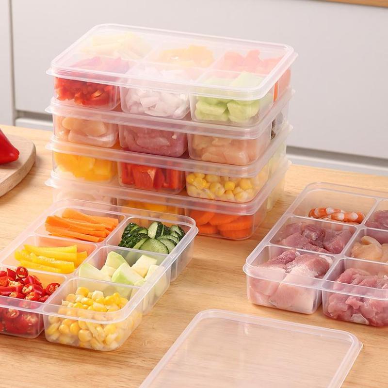 Transparente Aufbewahrungsbox mit 6 Fächern Kühlschrankbehälter mit großer Kapazität Aufbewahrungsbox Fach für gefrorenes Fleisch Lebensmittel Küchenwerkzeug