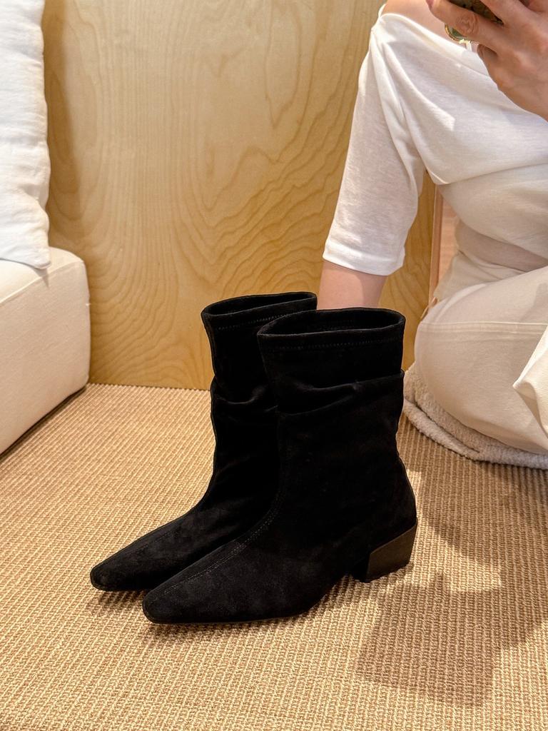 Autumn Slack! Khaki Pointed-tipped Pleated Booties Women's Autumn Suede Thick-heeled Martin Boots
