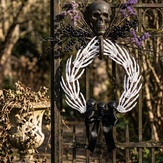 White Bone Garland Halloween Skeleton Hand Wreath for Front Door, Gothic Spooky Hanging Decoration Rattan with Black Bow And Skulls Door Wall Holiday