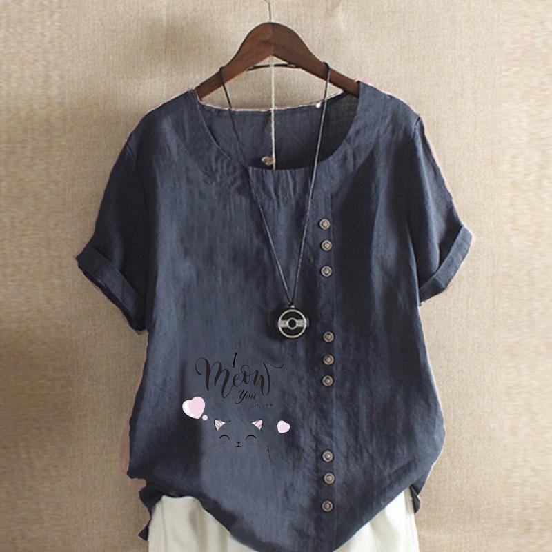 Women's Fashion Cat Letters Prined Short Sleeve T-shirt Loose Cotton Shirt Casual Loose Summer Blouse Tops Plus Size