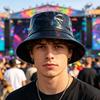 Eimerhut, Dreidimensionaler Breiter Rand Fischerhut, Wasserdichter Kunstleder Cooler Metallischer Glanz Sonnenhut, Bühnenperformance Hut für Hip-Hop