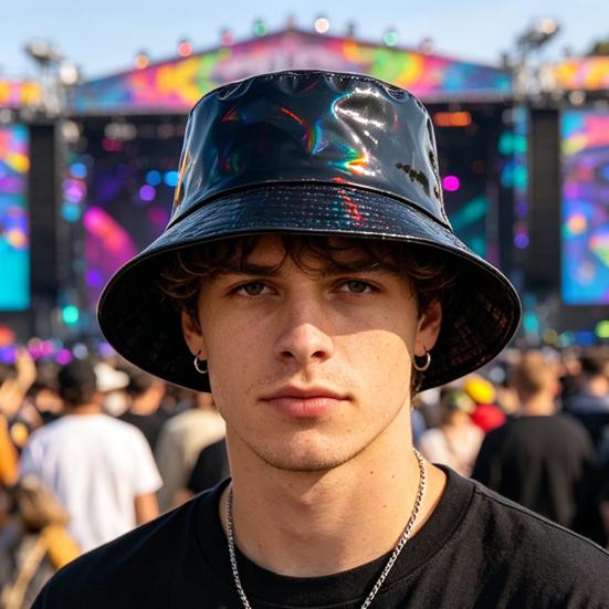 Eimerhut, Dreidimensionaler Breiter Rand Fischerhut, Wasserdichter Kunstleder Cooler Metallischer Glanz Sonnenhut, Bühnenperformance Hut für Hip-Hop
