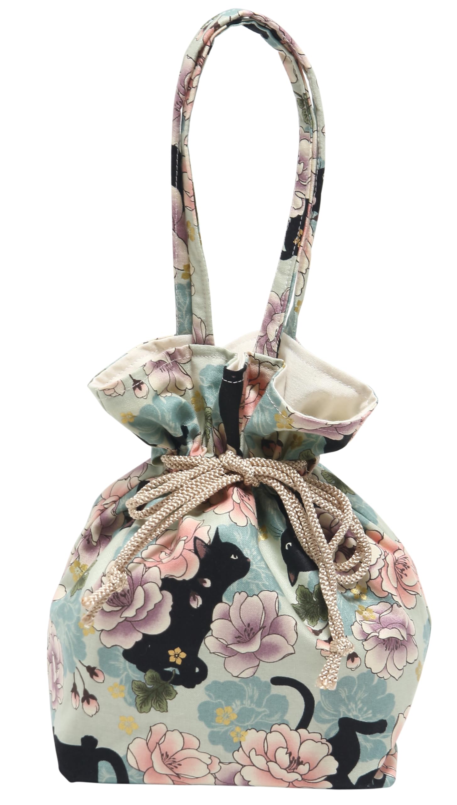 

[Hasegawa] Cat Pattern Drawstring Bag with Handle, Made in Japan (Cat FlowerLight Green)