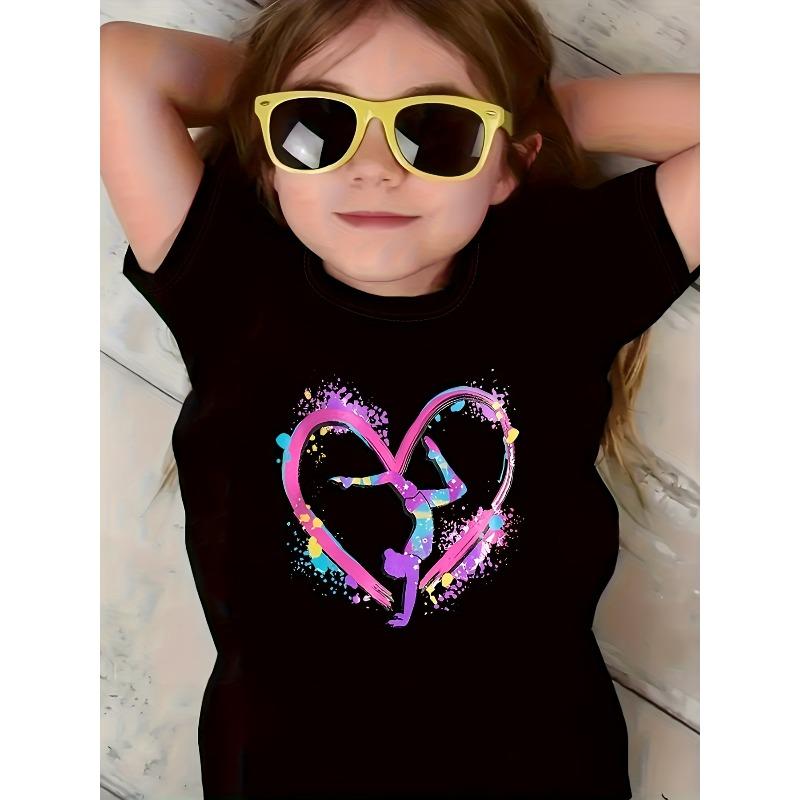European sizes Girls' Stretchy Gymnastics Heart Print T-Shirt - Vibrant Splash Design, Soft Knit Fabric, Casual Round Neck Short Sleeve Top