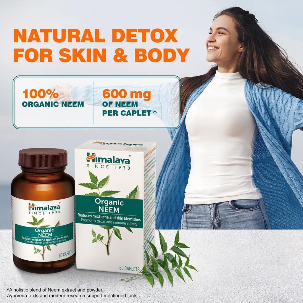 Himalaya Organic Neem Caplets For Skin Detox & Acne Support – 60 Vegan Tablets, Promotes Clear Radiant Skin, Antioxidant Formula