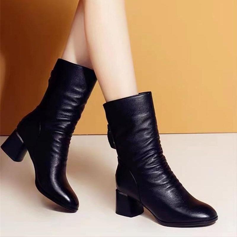 Autumn and Winter New Soft Leather Mid-boots Women's Thick Heel Martin Boots Long Tube Versatile Pointed Middle Heel Thick and Thin Boots