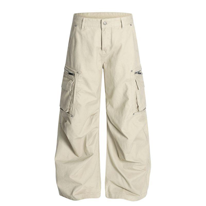 

Kisko American Retro Washed Vintage Multi-Pocket Flared Cargo Pants Unisex Trendy Loose Straight Drape Pants Apricot color 2XL